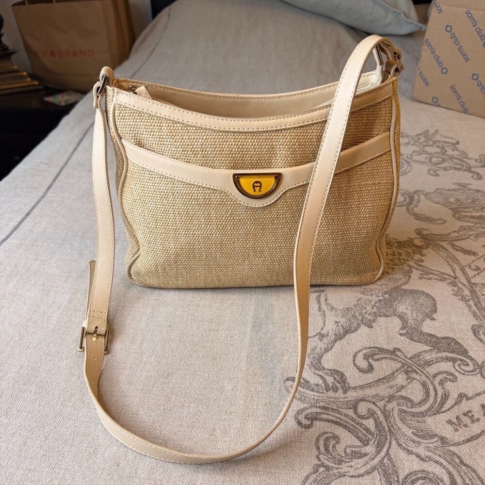 Etienne Aigner 34871 Jute Shoulder Crossbody Bag Cream Beige Y2K Purse